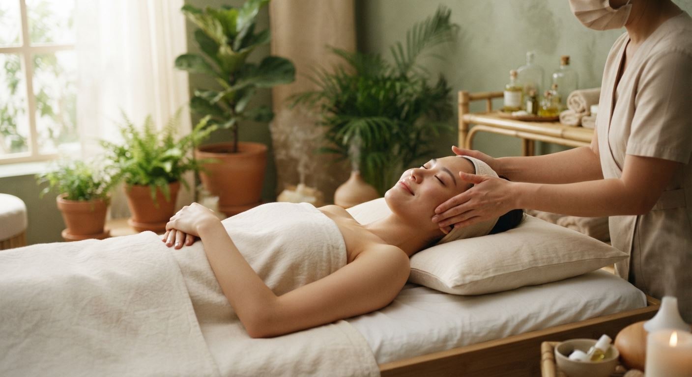 在蔓寧 SPA 放鬆享受臉部護理的女性